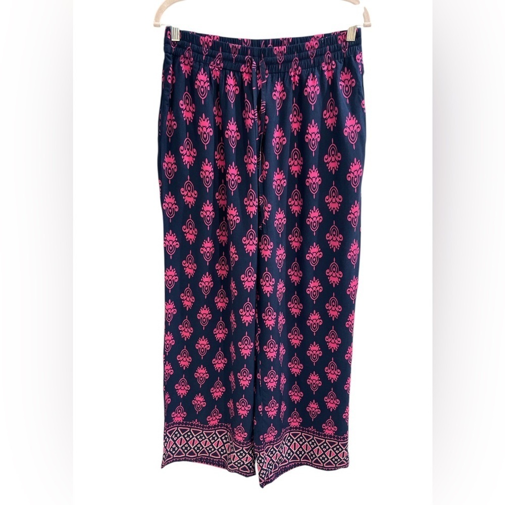crown & ivy Navy and Pink Wide Leg Pants 100% Rayon SZ Medium EUC